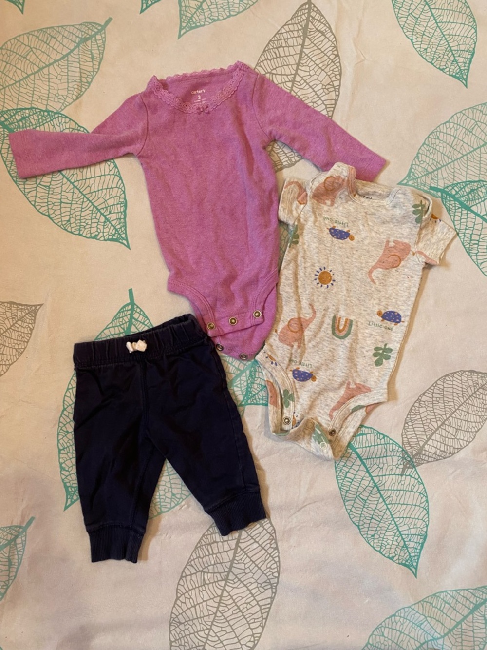 3pc Carters onesies and pants purple, print and blue